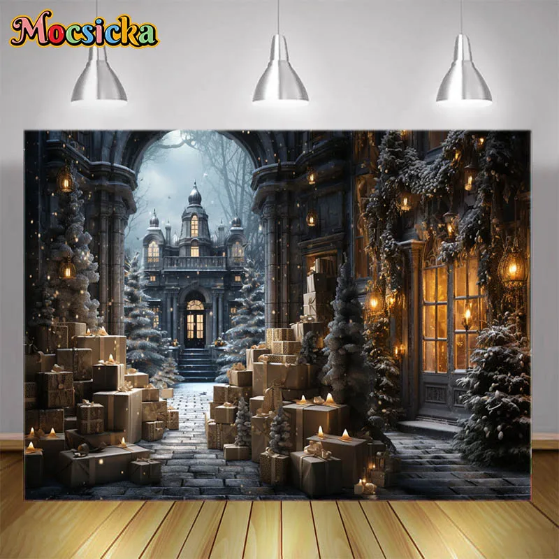 Christmas Winter Corner Backdrop Old Castle In Forest And Many Xmas Gift Boxes Background Children Portrait Photo Studio Booth