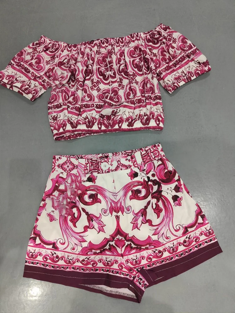 Retro zomer dames nieuwe print mode tweedelig pak sexy woord kraag korte mouw tube top + hoge taille casual shorts.