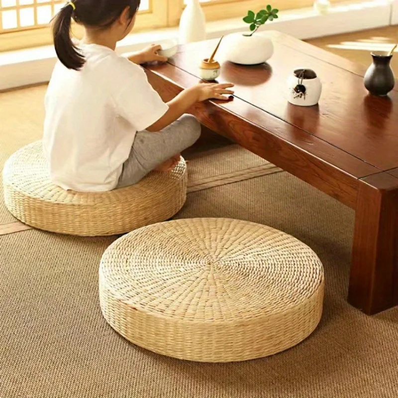 Handmade Natural Straw Round Pouf Tatami Cushion - 15.75inch Fabric Floor Pouf with Tray Feature for Japanese Style Home Decor