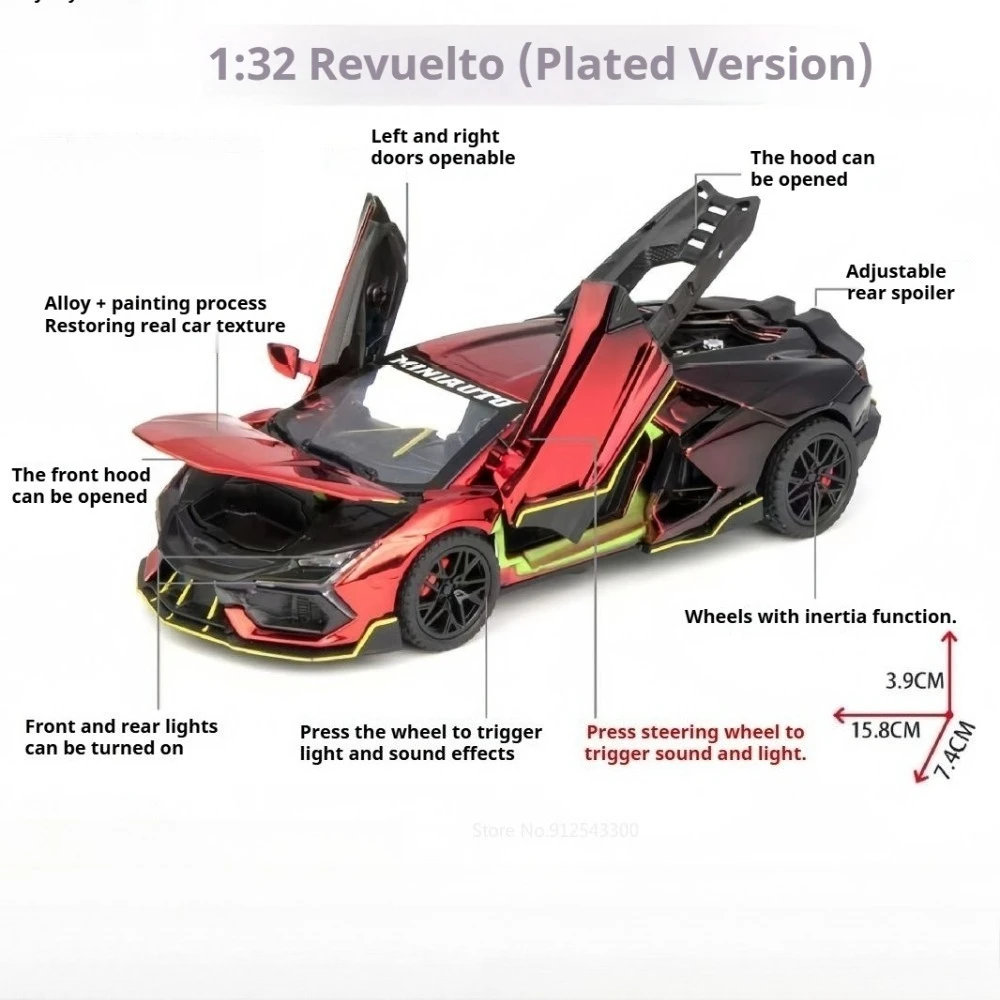 1:32 Scale Revuelto Model Car Toy Adjustable Rear Wing Metal Diecast Music Light Supercar Models Toys Office Table Ornament
