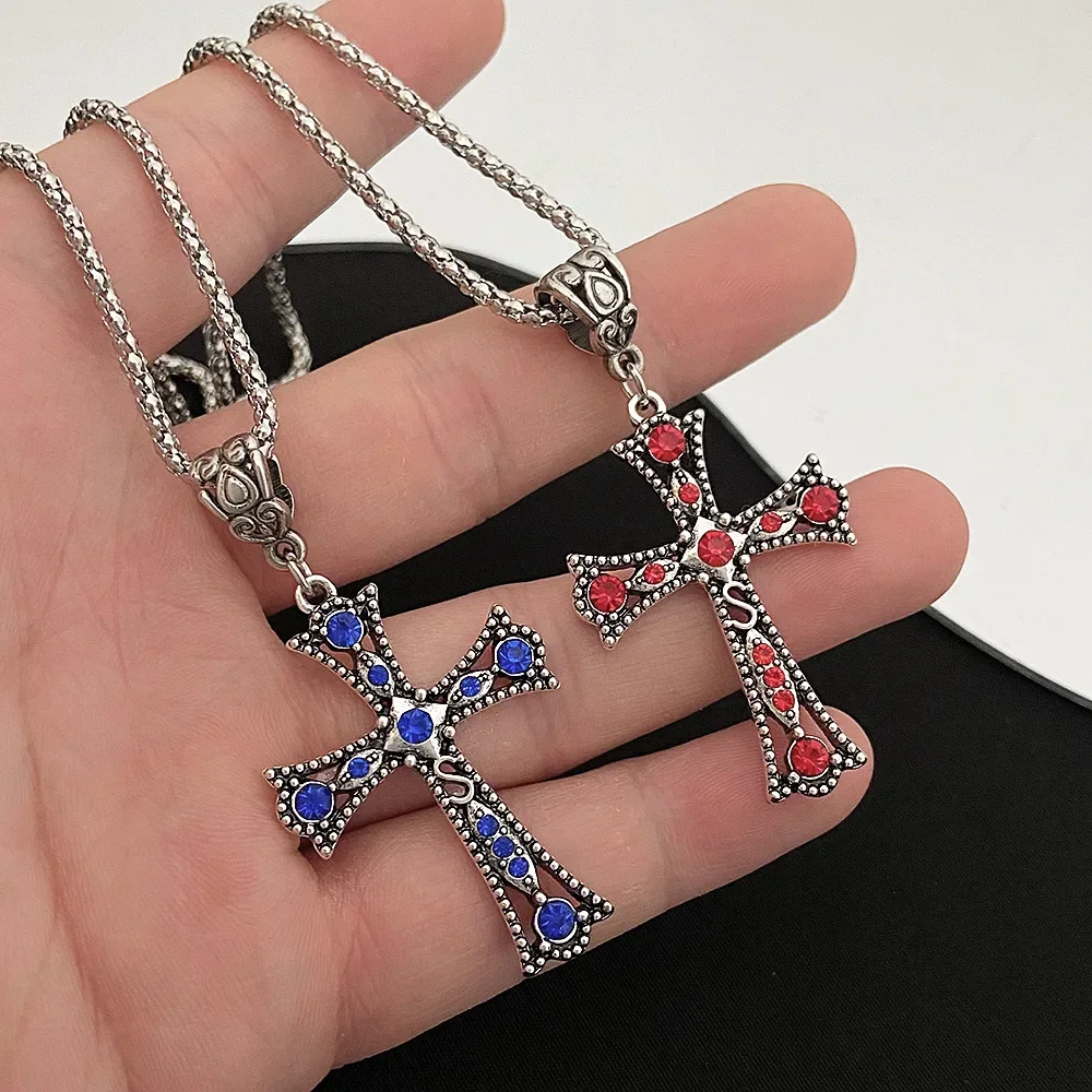 Vintage Baroque Christian Cross Necklace for Women Man Silver Color with Crystals Gothic Crucifix Symbol Easter Unisex Jewelry