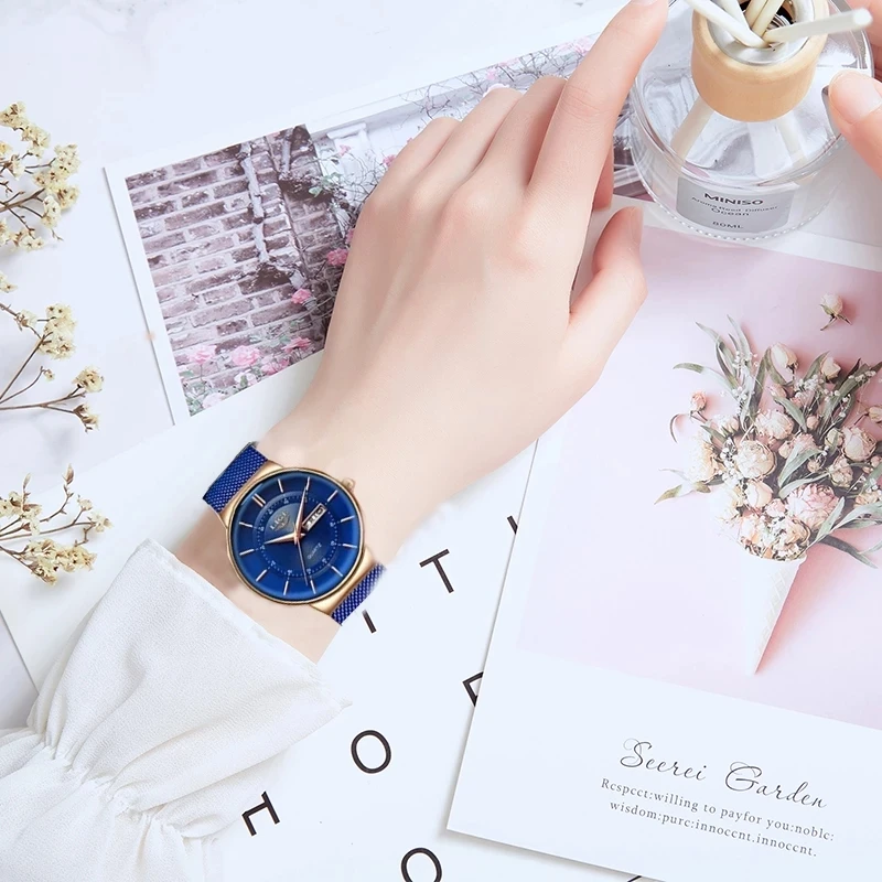 LIGE Damenuhren, Luxusmarke, ultradünn, Kalender, Woche, Quarzuhr, Damen-Mesh-Edelstahl, wasserdicht, Geschenk, Reloj Muje + Box