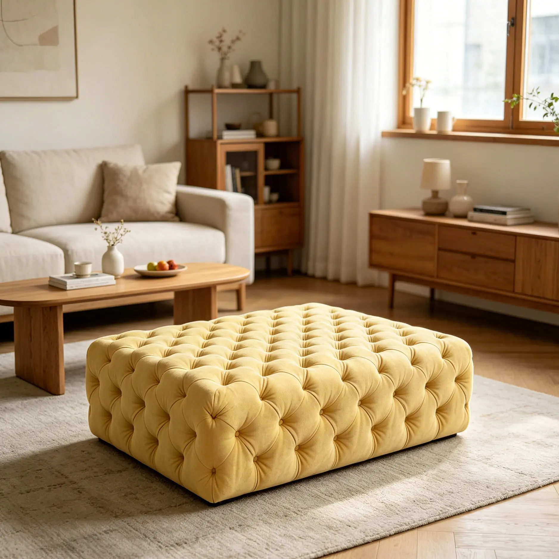 * High-End Modern Chesterfield Ottoman Stool Button Tufted Luxury Pouf for Living Room Bedroom Hotel