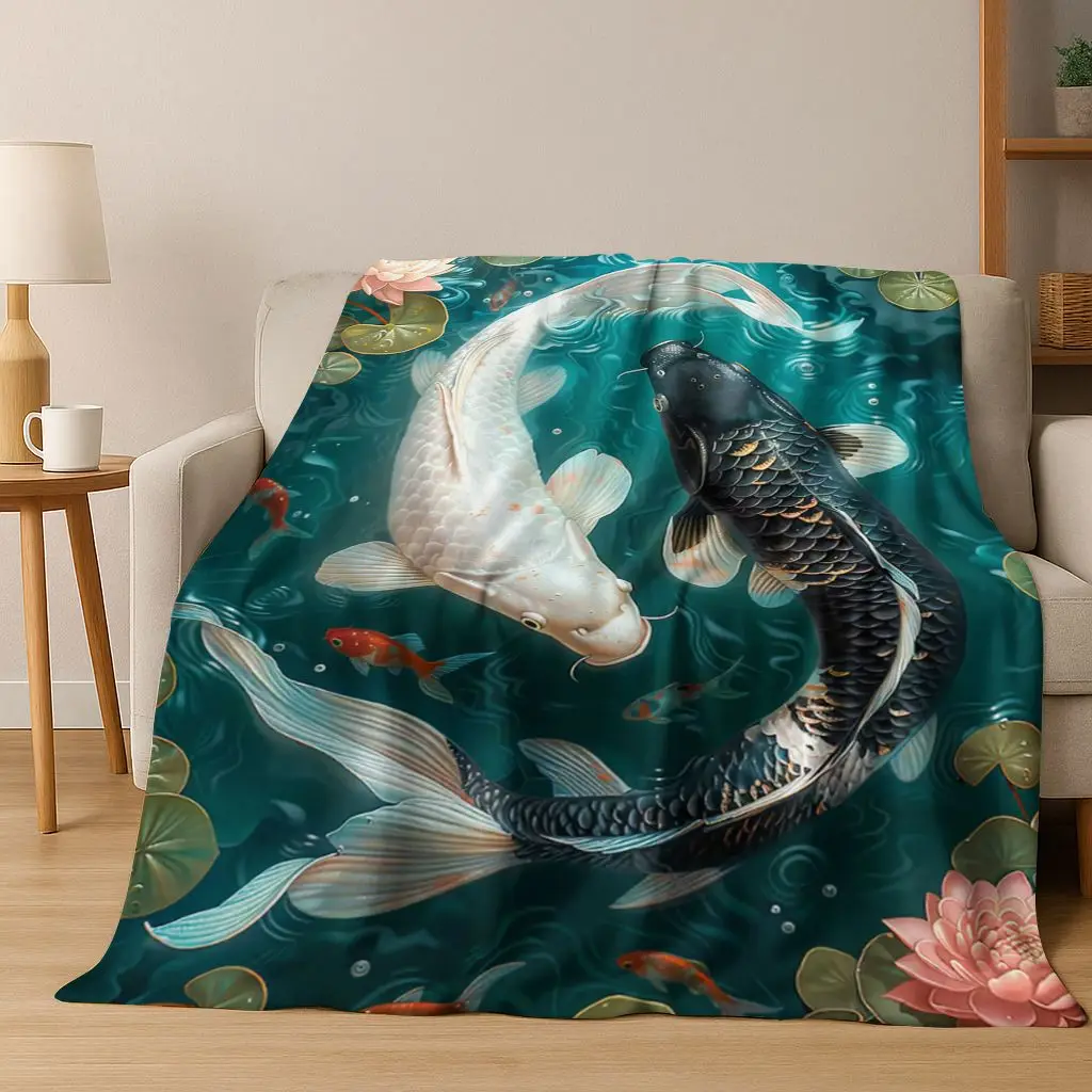 Luxurious Lucky Koi Fish Yin Yang Carp Cartoon Flannel Blanket,Cozy Soft Throw Blanket for Home Bedroom Bed Sofa Cover Gift Kid