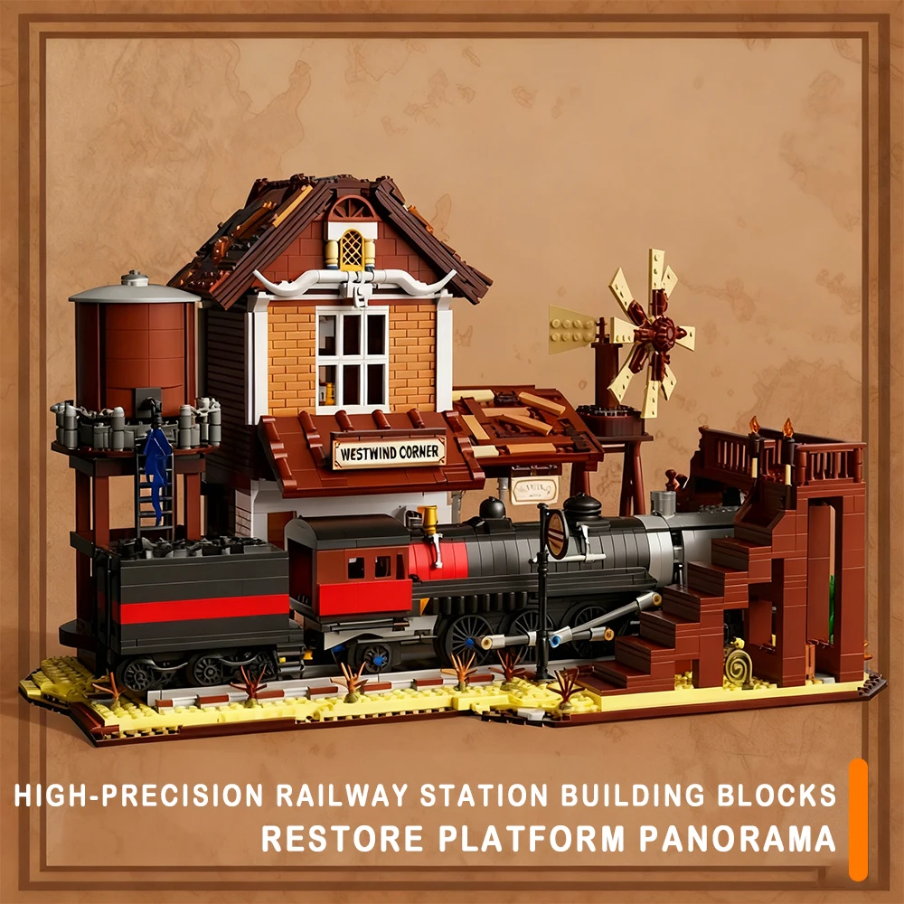 Western Train Station Street View Model Building Blocks City Module Railway Assembly Sets Bricks Toys Christmas Gifts For Kids