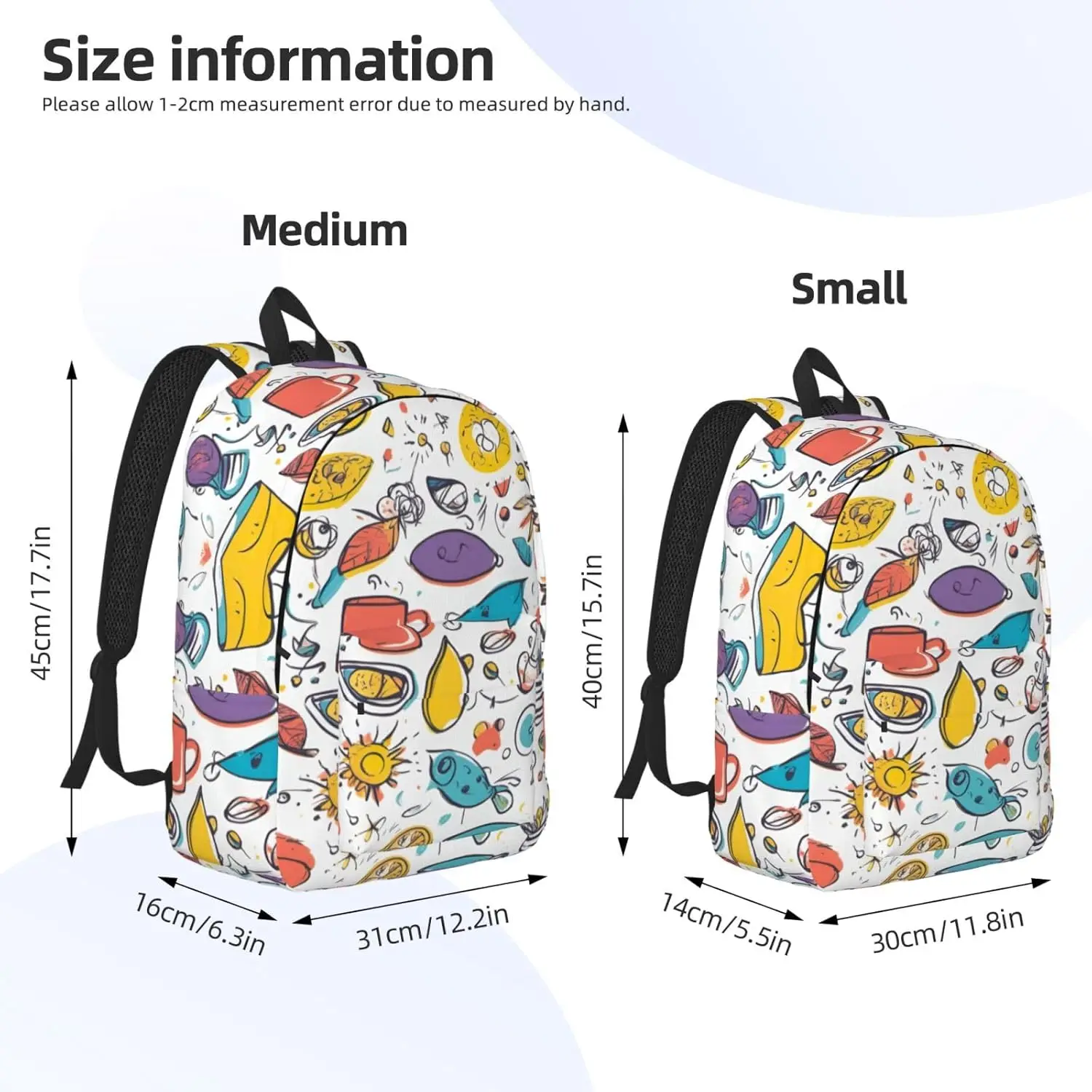 Mochila de lona elegante con estampado de plumas dibujadas a mano de colores sobre blanco, mochila de viaje con bolsillos, para senderismo y uso diario