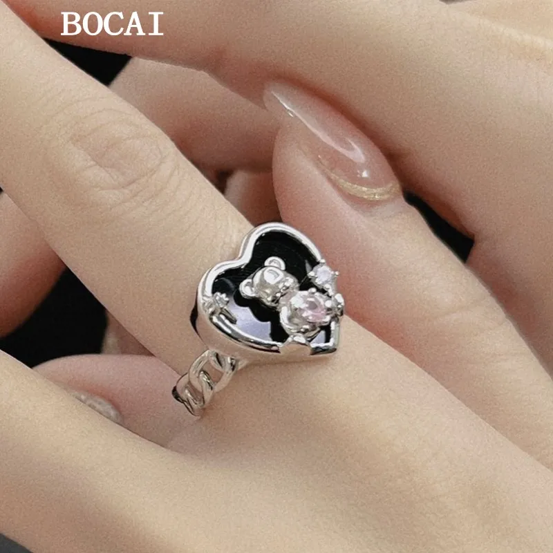 BOCAI New S925 Sterling Silver Ring Fashionable and Cute Personality Guarding Sweetheart Open Ring Women's Gift