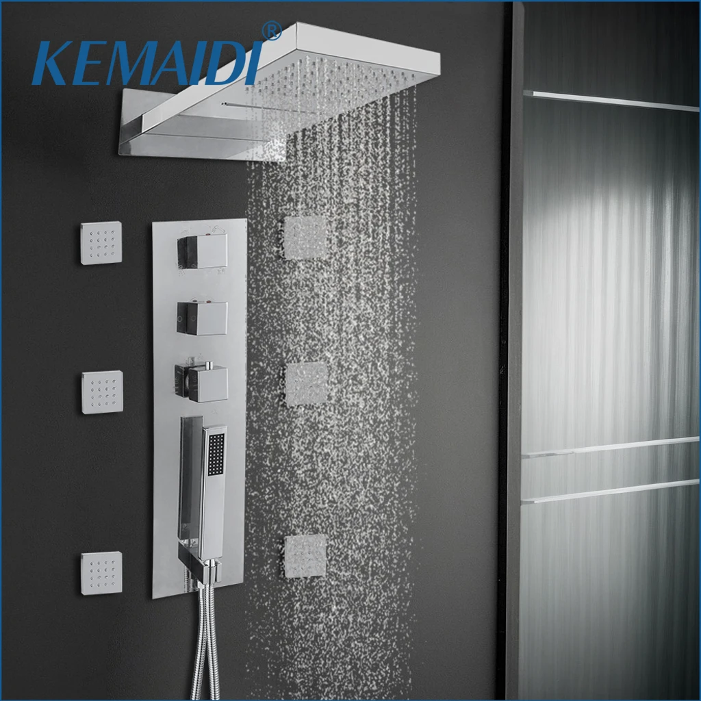 

KEMAIDI Thermostatic Shower System with Large Rain & Waterfall Shower Head Luxury Shower Faucet Combo Set with Handheld Sprayer