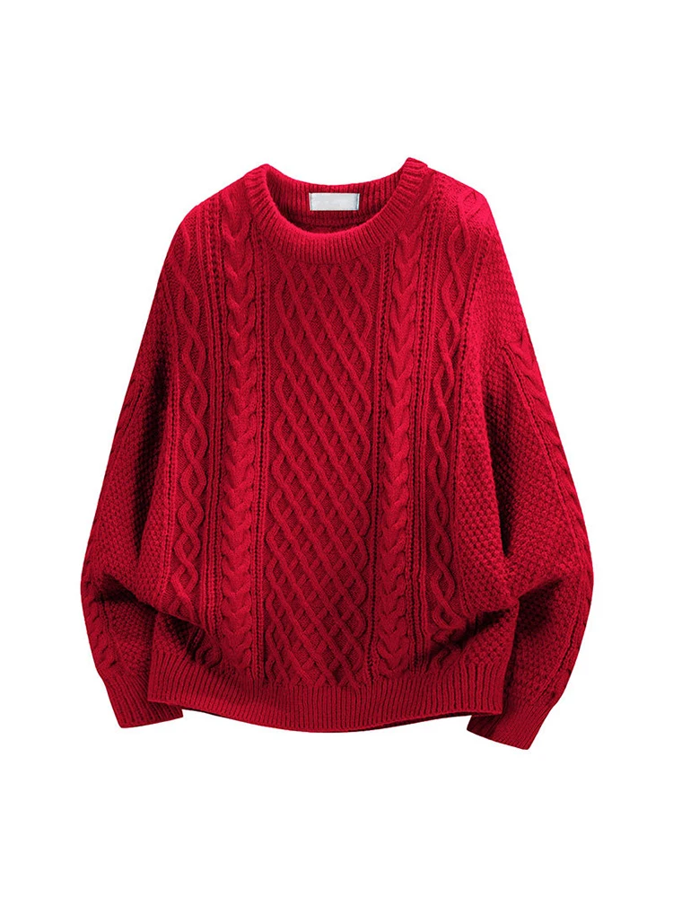 

Ретро-корейский красный утолщенный вязаный свитер с круглым вырезом, свободный крой, длинный рукав, теплый парный свитер, мужской повседневный стиль, свободный крой