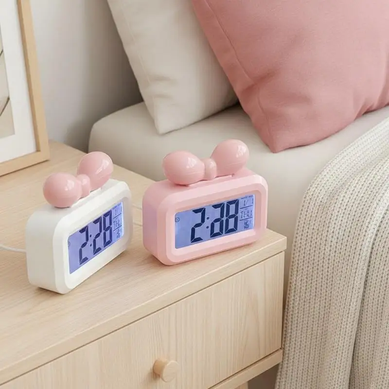 [T] LED Digital Clock Bowknot Temperature Detection Alarm Clock Cute Gift With Night Light Mini Desktop