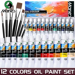 19 pcs Marie's Oil Paint Kit,12 Colors Oil-Based Pigment & 7pcs Brushes,12ml/0.42oz Tubes,Vibrant Oil Painting Set for Crafters