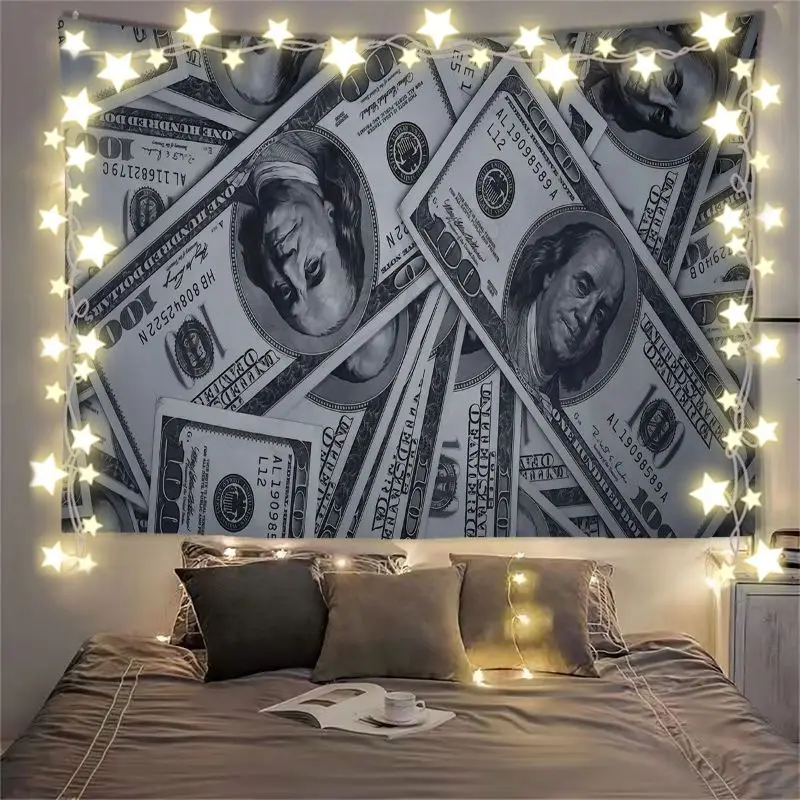 VIKAMA Flying Dollar Bills Sky Blue Tapestry Home Art Piece Wall Decor Bedroom Dorm Money Cash Rich Soft Durable Cozy Aesthetic - view 5