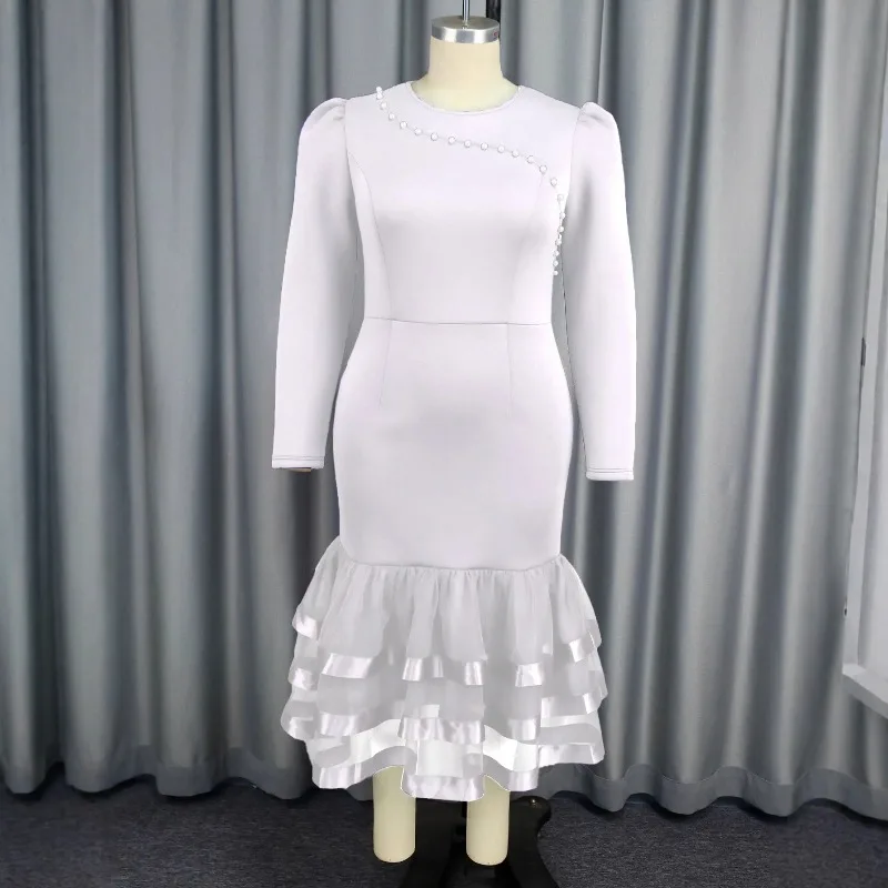 S-4XL Plus Size African Party Evening Dresses for Women Autumn White Long Sleeve Midi Dress Dashiki Africa Clothing Outfits