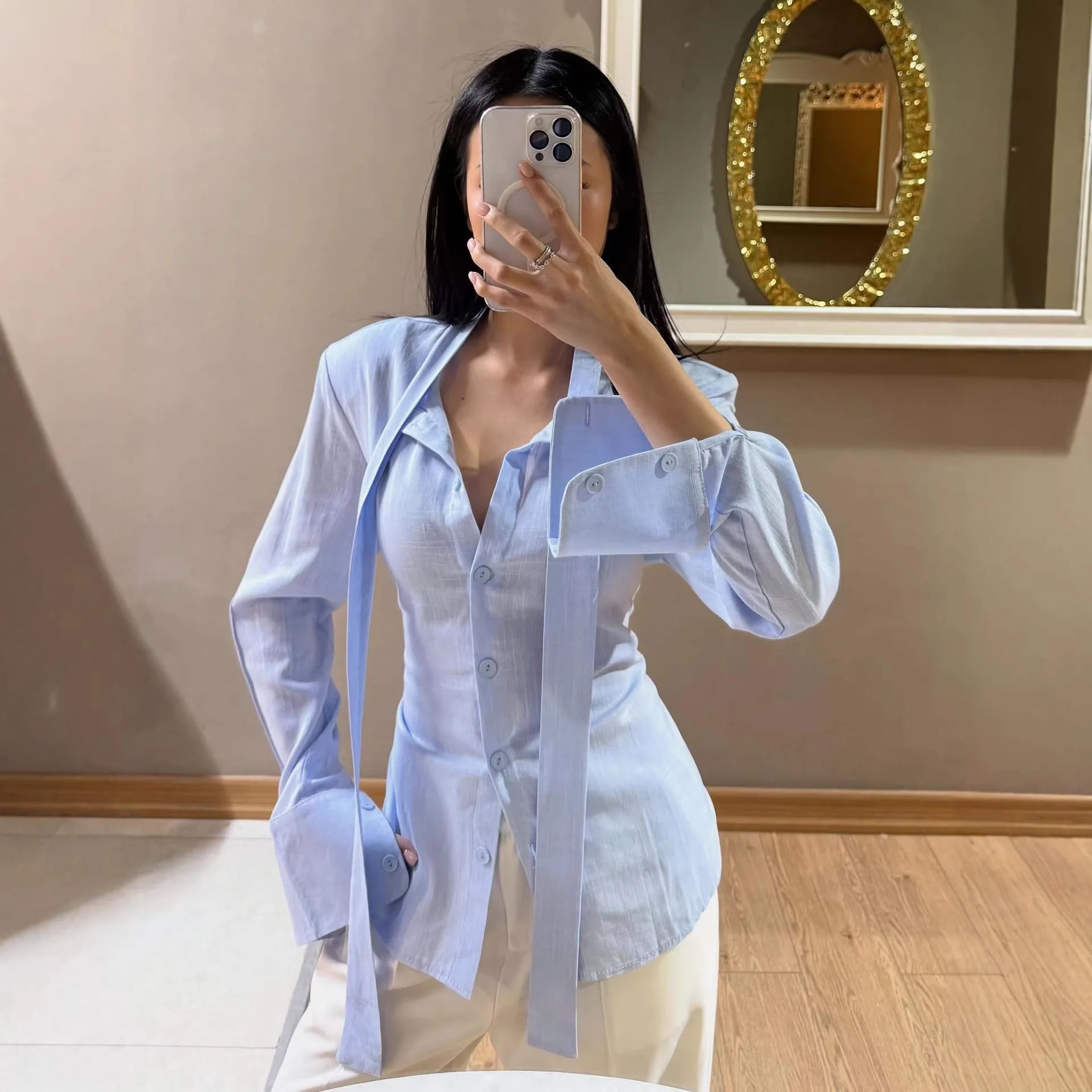 

2026 Casual Lace-Up Commute Shirts Top Female Lapel Long Sleeve Solid High Waist Bandage Top For Women Elegant Blouse Cardigan