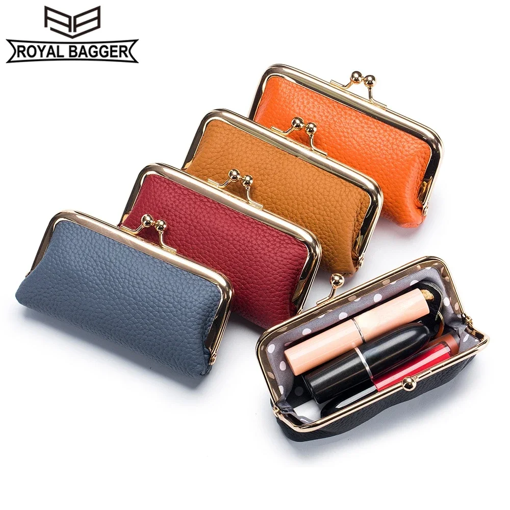 Royal Bagger Lipstick Coin Purse for Women Genuine Cow Leather Mini Key Chain Storage Bag Fashion Small Clip Bags 2231