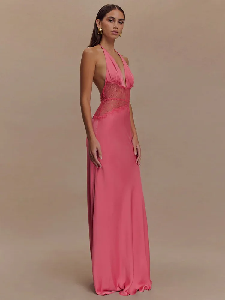 فستان ماكسي نسائي من DFDG لربيع وصيف 2026، بتصميم رقبة مفتوحة وتطريز دانتيل، مصنوع من الساتان، بفتحة صدر عميقة على شكل V، مناسب للحفلات الرسمية، أنيق وعصري