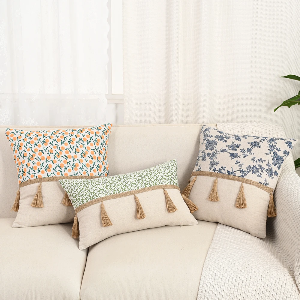 

BUYNOW Imitation Linen Plant Printed Lace Pillowcase Japanese-style Countryside Living Room Sofa Cushion Cover Home BedroomDecor