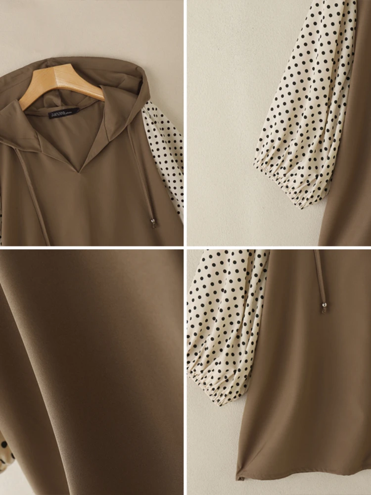 女性ファッションフード付きブラウス秋水玉プリントパッチワーク 3/4 ランタンスリーブカジュアルルーズトップス ZANZEA 女性服 S-3XL