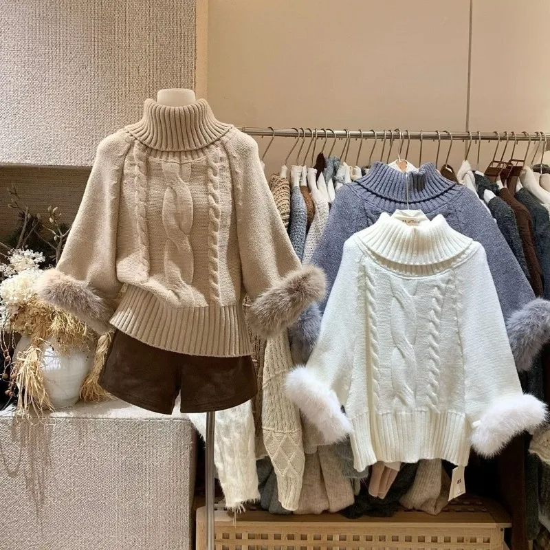 Deeptown Elegant Japanese Style Women Turtleneck Sweaters with Faux Fur Vintage Kawaii Lolita Jumpers Knitted Pullovers Loose