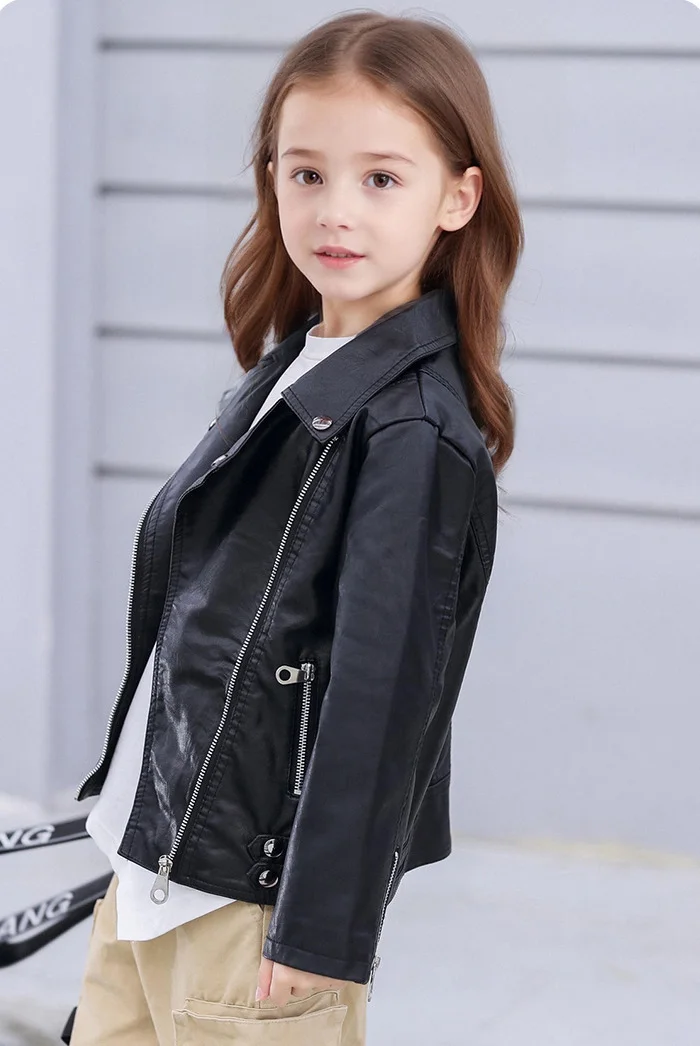 3-12Y New Year Girls Black Rock Motorcycle Pu Leather Jacket Kids Street Photography Wear Children Waterproof Windproof Coat
