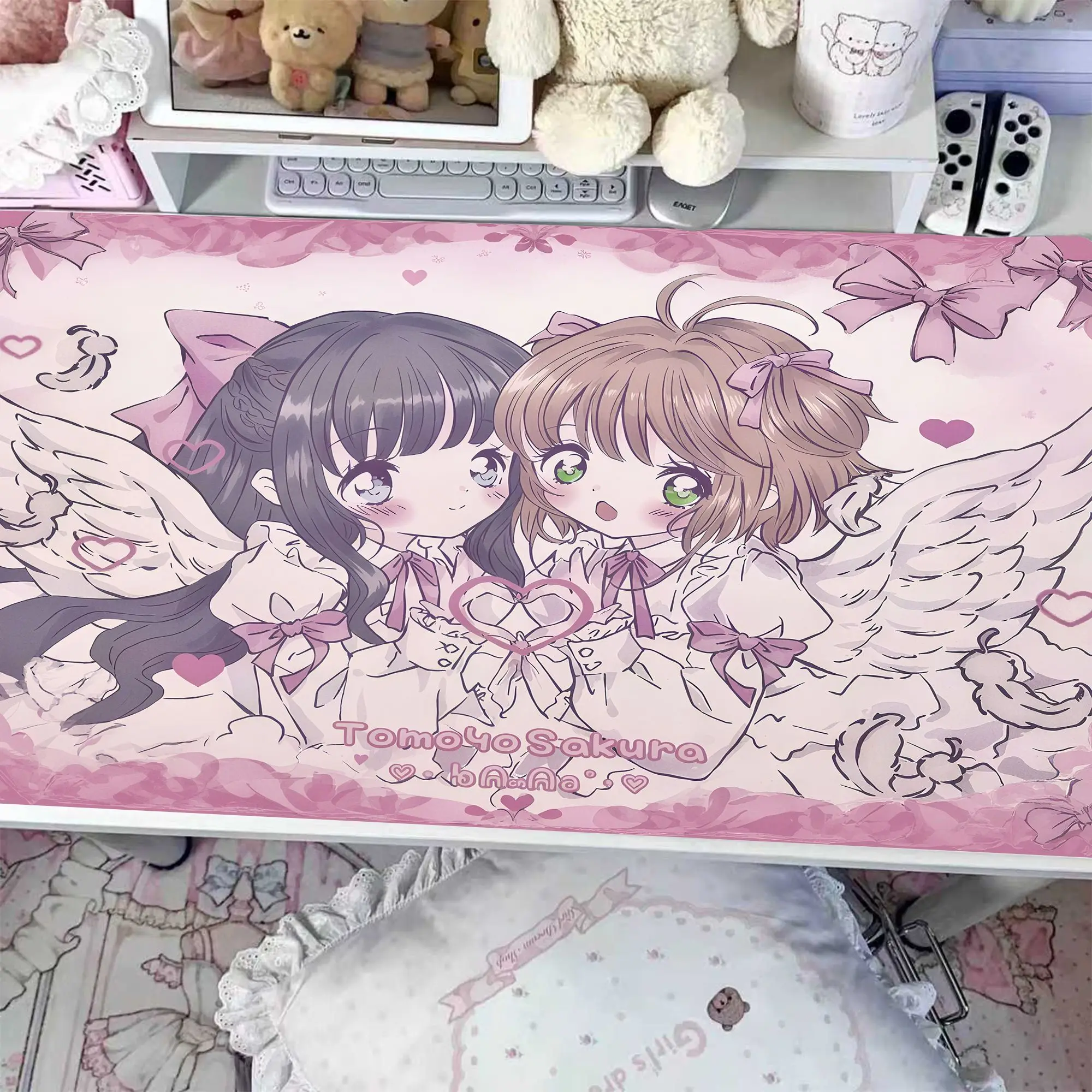 Leather Desk Pad Protector Pink Angle Wings Girls Y2K Kawaii Mouse Pad Office Desk Mat Waterproof Oilproof PU Desk Keyboard Pads