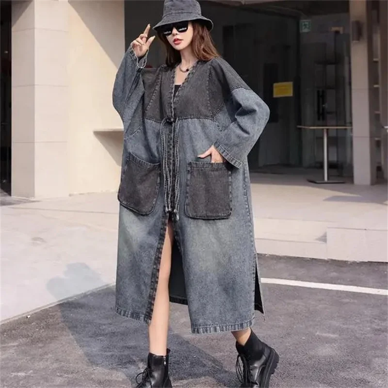 

2023 spring new Korean Version of Loose Denim Color Splicing V-neck Mid-long Coat to Make old Loose Trench Coat Tide Commute