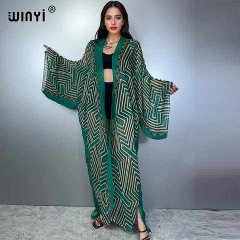 WINYI 여름 프린트 기모노 보헤미안 카프 탄 비치웨어 카디건 섹시한 이브닝 드레스 abaya 두바이 럭셔리 커버 업 비치 복장 여성