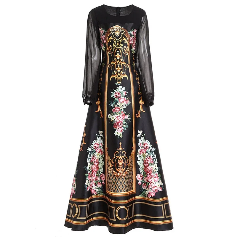 2023 Modedesigner neue Frühling Damen Langarm Vintage Blumen druck schwarze Maxi kleider