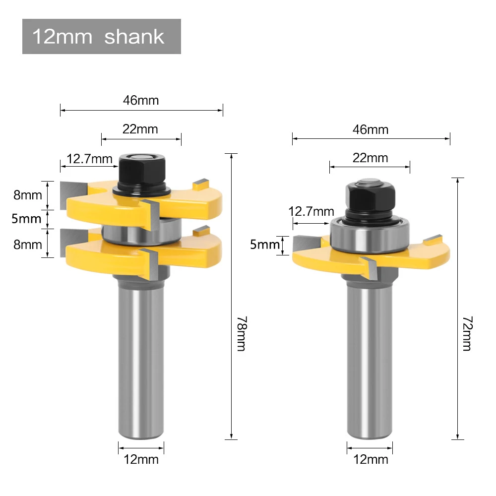 2pcs 8mm 12mm 1/2in shank Joint Assemble Router Bits Tongue & Groove T-Slot Milling Cutter for Wood Woodwork Cutting Tools