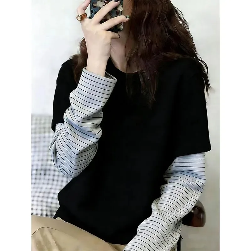 Women Fake Two Piece Striped Splicing Long Sleeve T Shirt Dralon Thermal Basic Undershirt Casual Autumn Winter Tops