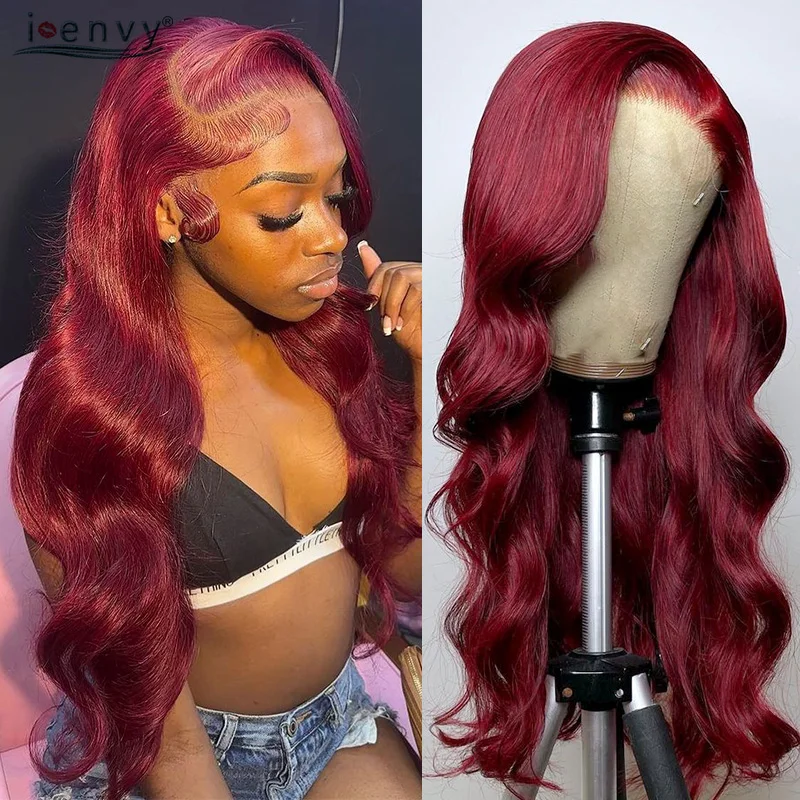 99J Burgundy 13X6 Lace Front Wigs Body Wave Red Colored Human Hair Wigs Red 13X4 Hd Transparent Lace Frontal Wig 30 32 Inch Remy