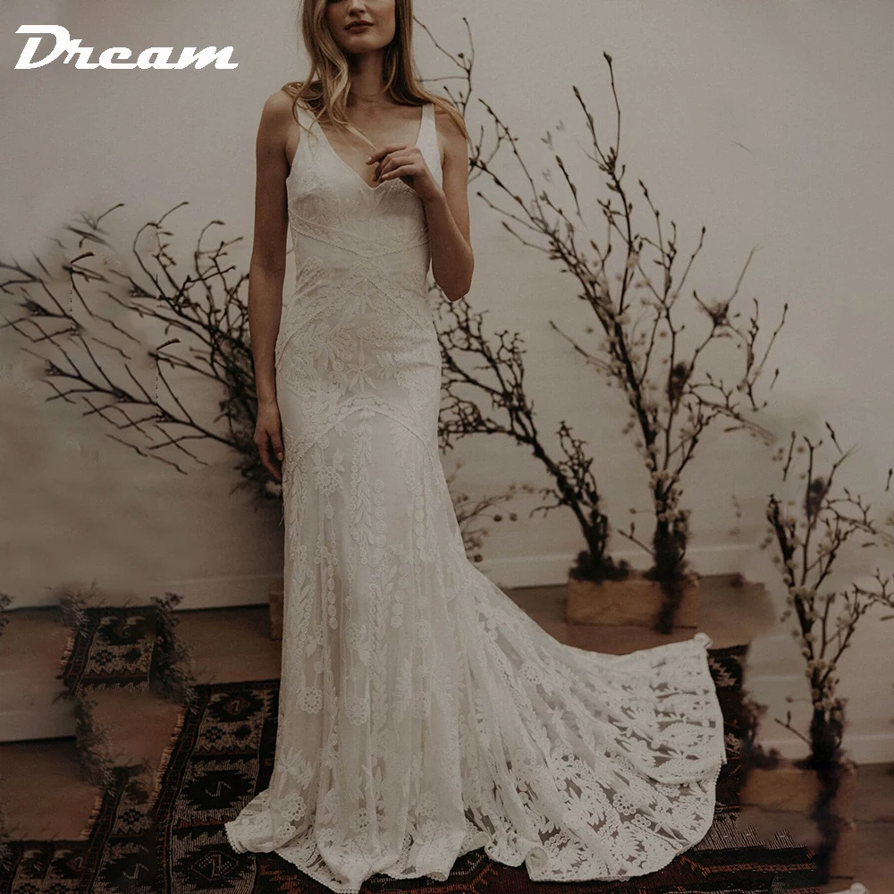 DREAM Customized Elegant Long V Neck Sleeveless Boho Mermaid Wedding Dress 2025 Lace Open Back Sweep Train Bridal Gown