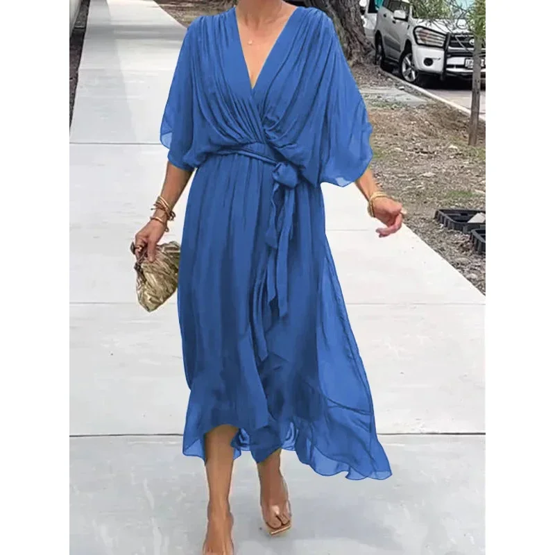 Women Crossover Deep V Neck Dresses Elegant Bat Sleeve See-through Mesh Hem Dress Female Commuter Casual High Waist Long Gown 24