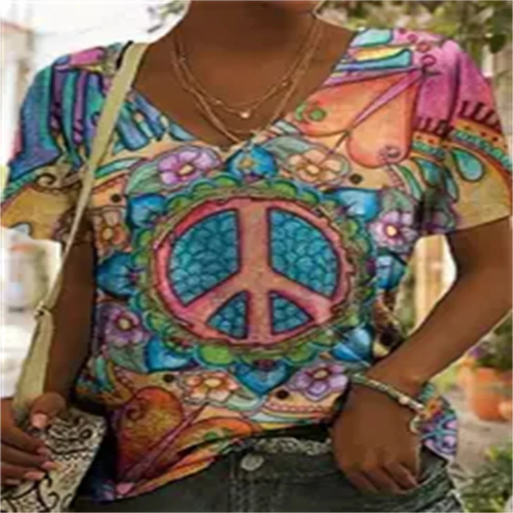 Women's V-neck T-shirt With Short Sleeves Full Of Vitality, Hippie Chic Casual Comfortable Breathable Casual Style Fashionable