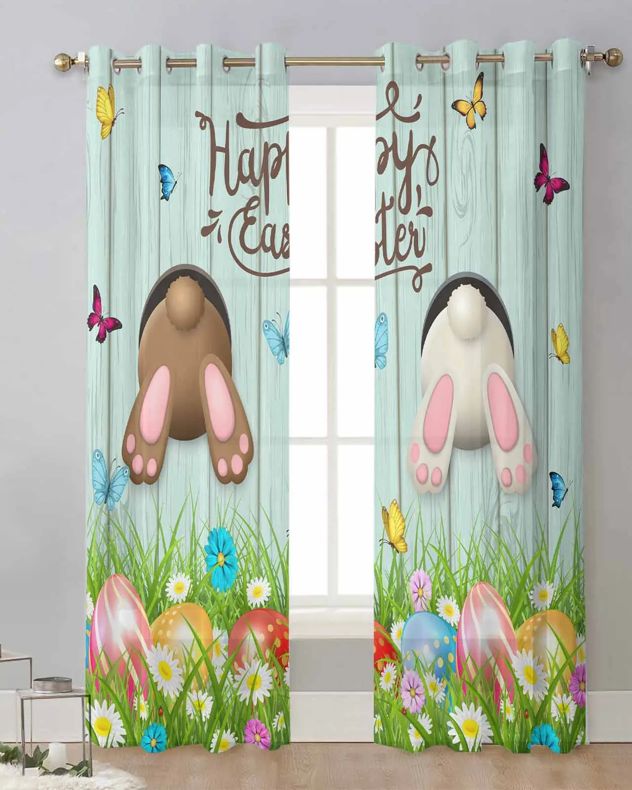 Easter Egg Bunny Butt Daisy Butterfly Sheer Curtains for Living Room Window Curtains for Kitchen Modern Tulle Voile Curtains