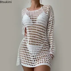 Nowość 2024 Letnie damskie prześwitujące wydrążone osłony do bikini Topy z długim rękawem Sukienka plażowa Crop Tops Crochet Swimsuit Cover-Up