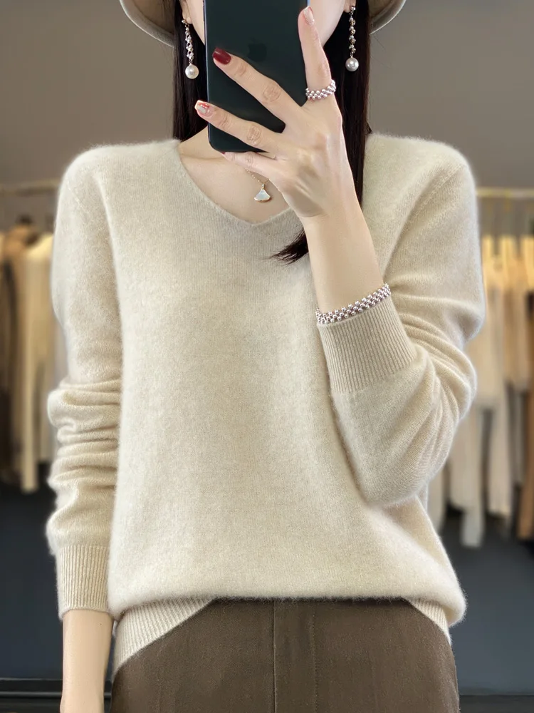 2024 New Womens V-neck Pullover Sweater 100% Merino Wool Long Sleeve Cashmere Knitwear Basic Autumn Winter Female Clothing Tops