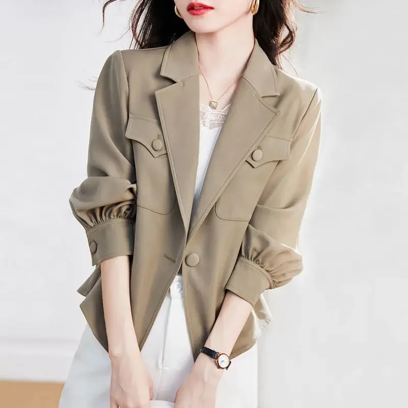 Korean Loose Single Button Coats Women's Clothing Casual Tailored Collar Spring Autumn Commute Stylish Pockets Patchwork Jackets