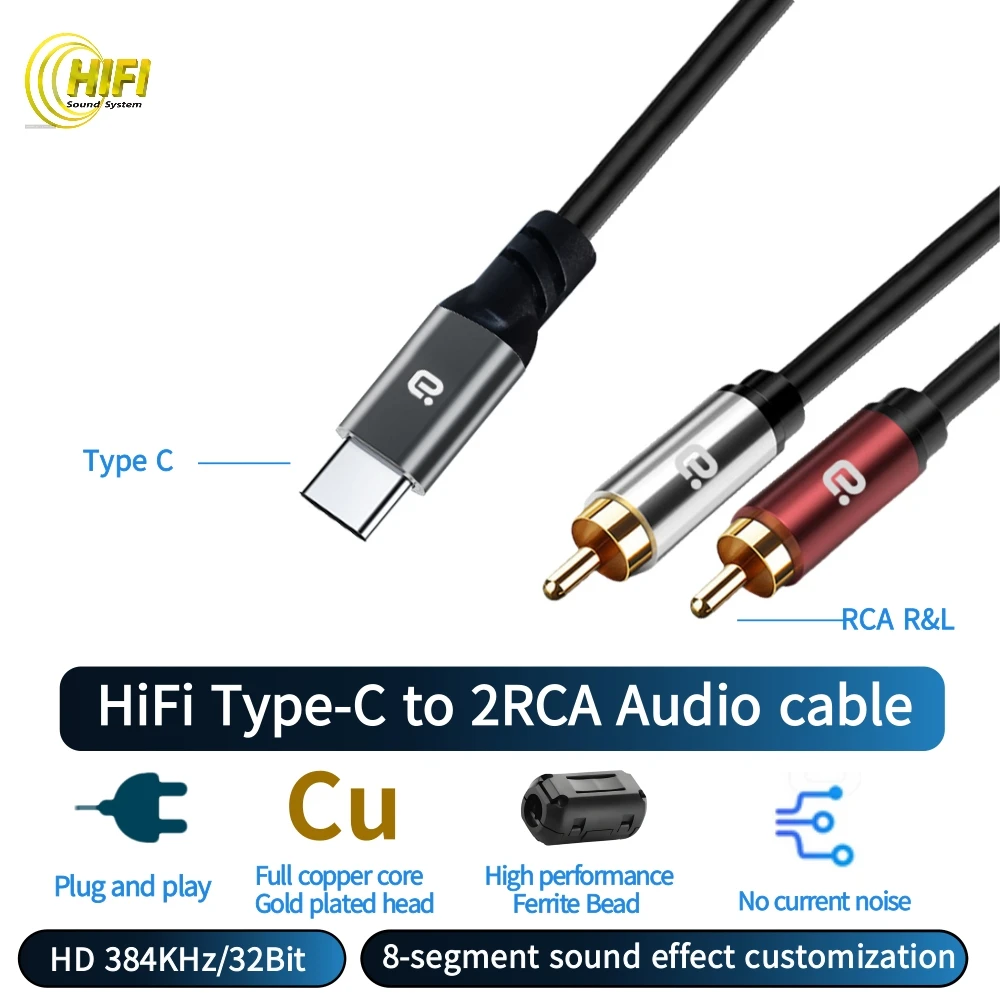 HiFi Type C naar 2 RCA audiokabel Max 384K 32Bit voor iPhone 15 Samsung Huawei Xiaomi audioconverter adapter naar speaker/versterker