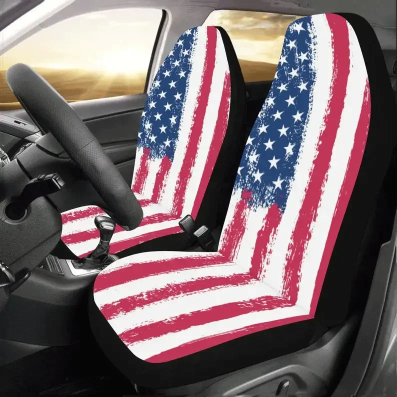 USA America Flag Car Seat Covers 2 pc, US Red White Blue Patriotic American Front Seat Covers, Car SUV Seat Protector