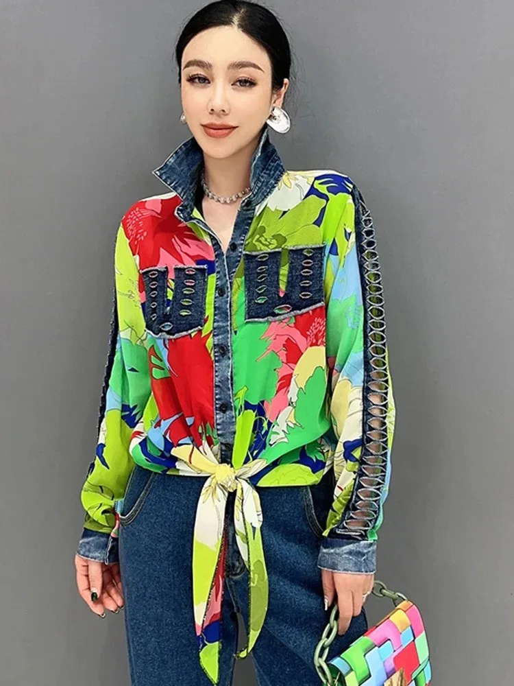 Spring Summer Denim Patchwork Chiffon Shirt With Tie Up Fashion Casual Loose Elegant Women's Clothes Ladies Tops