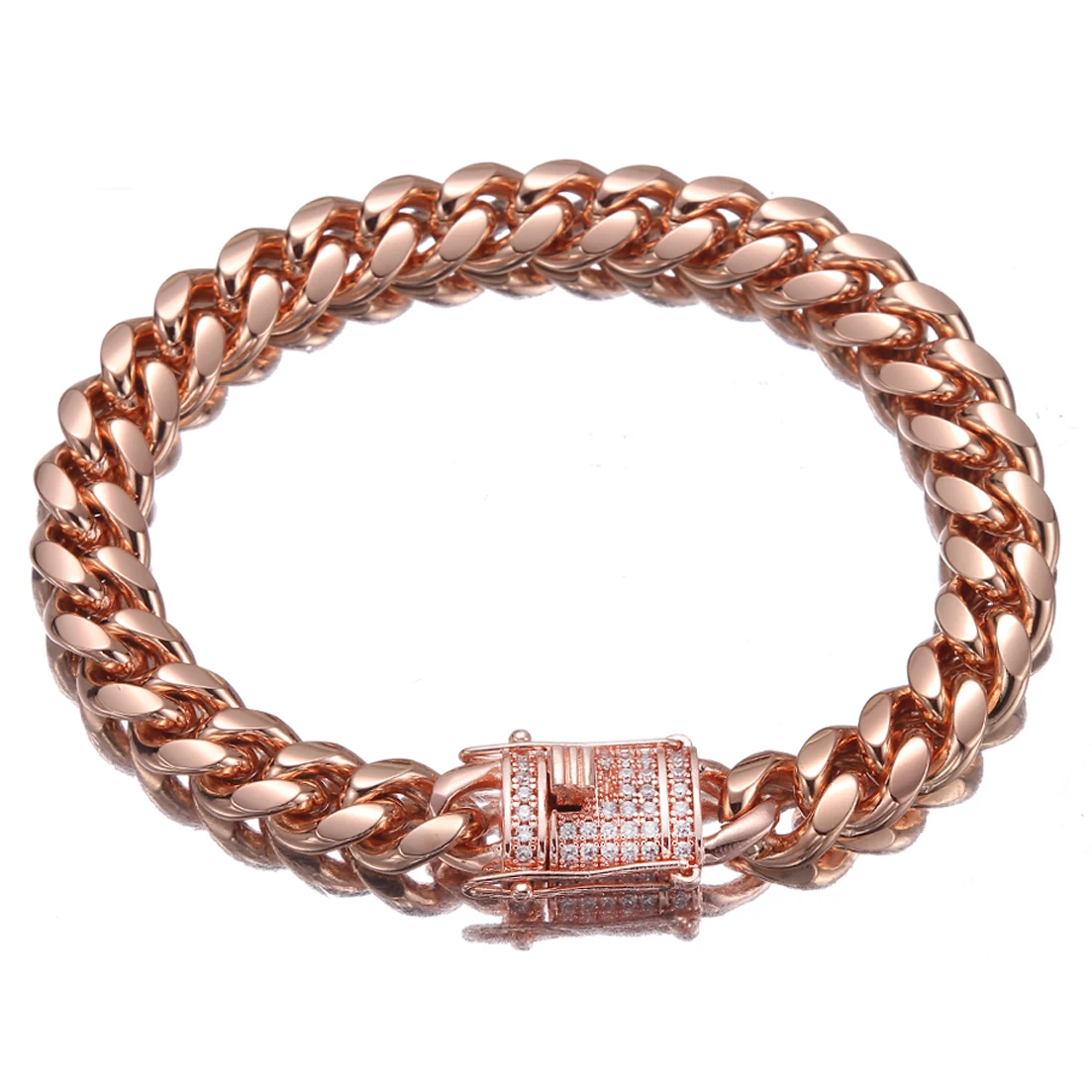 Granny Chic Stainless Steel Rose Gold Tone Women Men's Miami Cuban Link Chain Bracelet with CZ Lock 10mm/14mm Width