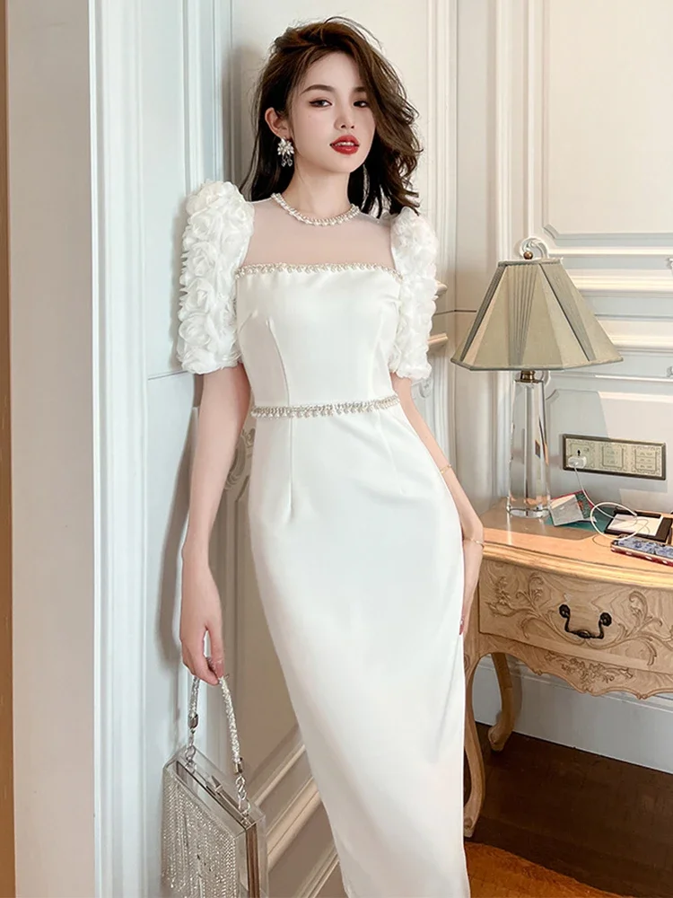 Vestido formal longo branco frisado, flores de malha pura, roupão fino, celebridade, festa de formatura, novo, verão, 2024