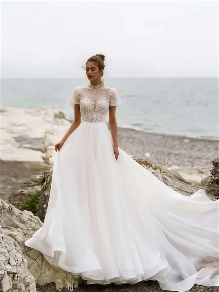 Beach Wedding Dresses Court Train Princess Short Sleeve High Neck Lace With Pleats Beading Bridal Gowns Elegant Long Dresses