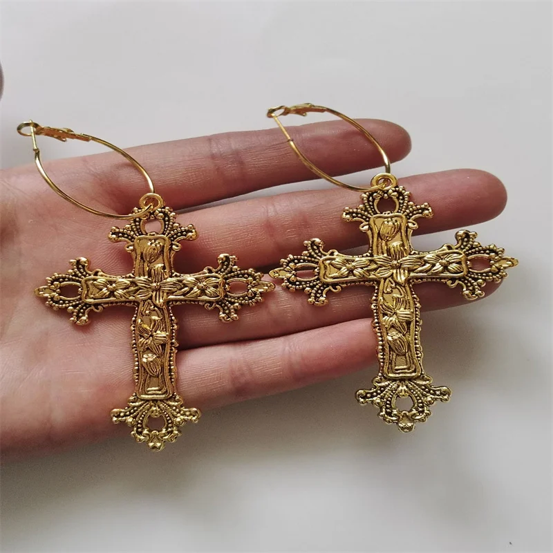 Large Antique Gothic Cross Hoop Earrings - Gifts for Her Trad Goth Jewelry Fashion Delicacy 2022 New Women Gift Girlfriend