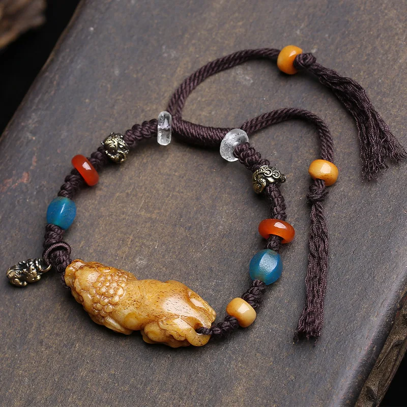 Tibetan Returned Bone Carved Fortune Brave Bracelet Red Agate Glazed Golden Cicada Accessories Hand-Woven Hand Rope Jewellery