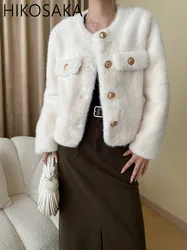 Cappotti di peluche con bottoni in metallo stile francese o-collo manica lunga giacche calde donna 2024 autunno inverno nuovo Top elegante coreano tutto-fiammifero