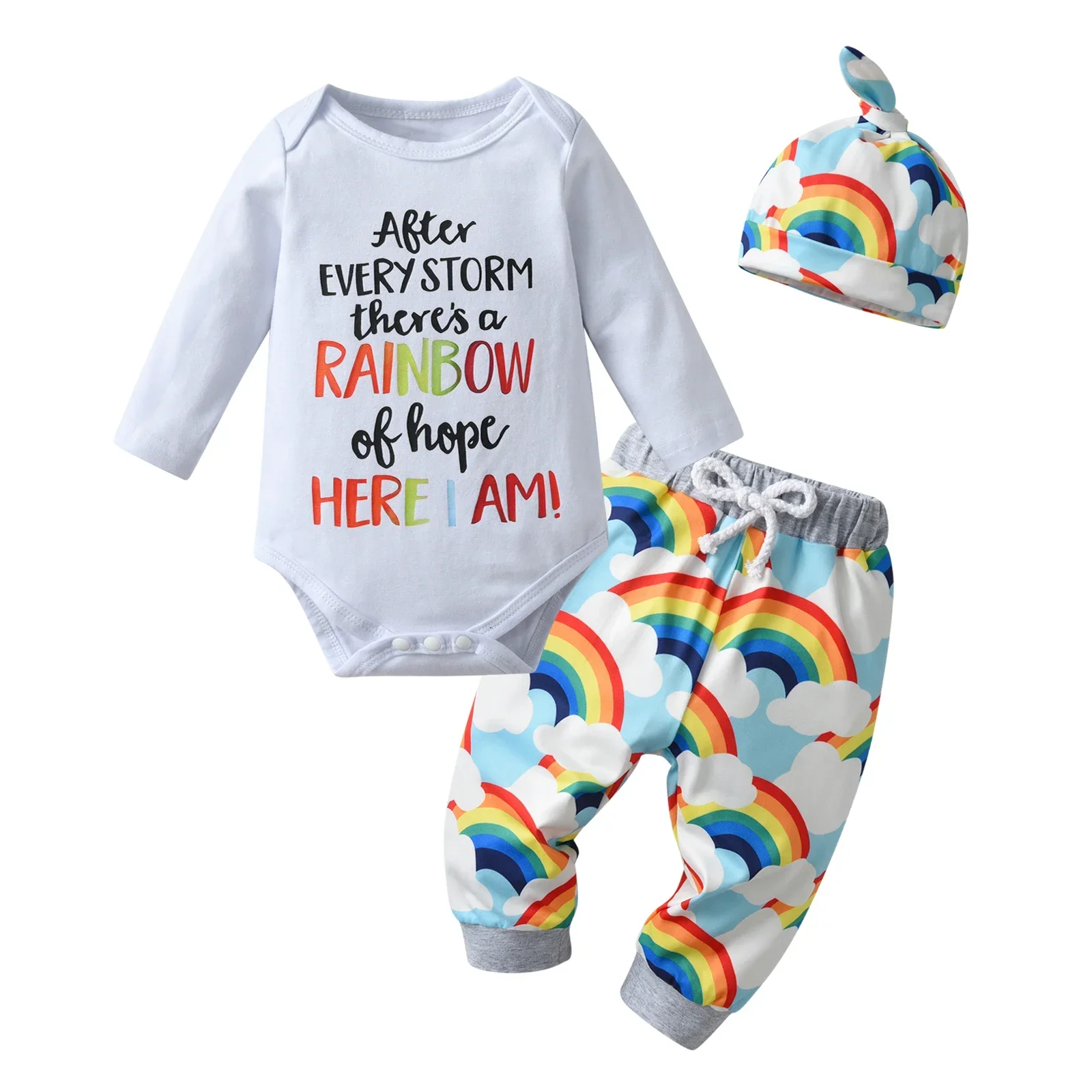 New infant Baby Boys Thin Cotton Clothes Set Printed Long Sleeve O-Neck Romper Bodysuit Top + Rainbow Pants + Cap Newborn Outfit