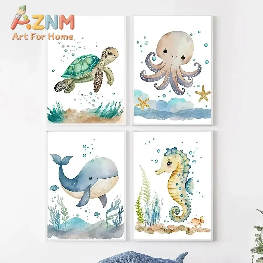 Cute Whale Sea Horse Octopus Crab Turtle Wall Art Posters And Prints Nordic Nursery Canvas Painting Picture Baby Kids Room De