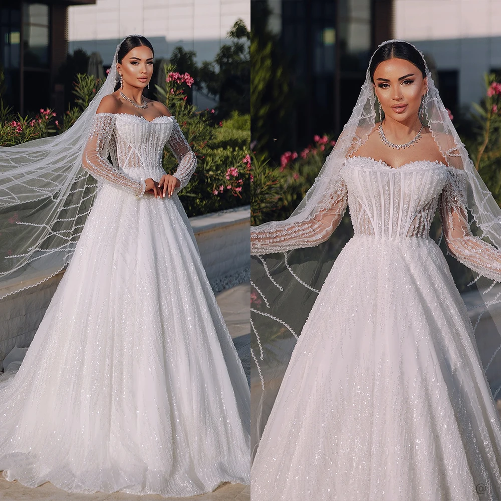 

Блестящие свадебные платья с открытыми плечами, расшитые пайетками и жемчугом, свадебные платья А-силуэта, принцесса, с длинными рукавами, на заказ, Vestidos De Novia